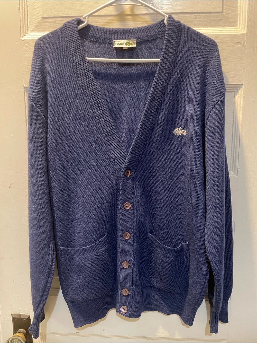 Vintage Lacoste Men's Navy V-Neck Button Cardigan, Wool Blend, Large